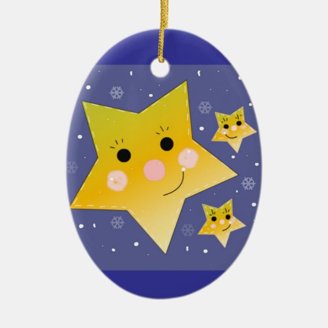 Golden Stars on a Blue Sky Background Ceramic Ornament (Front)