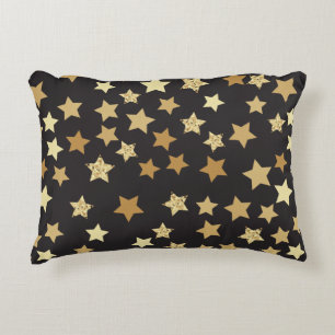 Golden Stars on Black Background Pattern Accent Pillow
