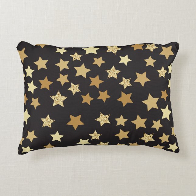 Golden Stars on Black Background Pattern Accent Pillow (Front)