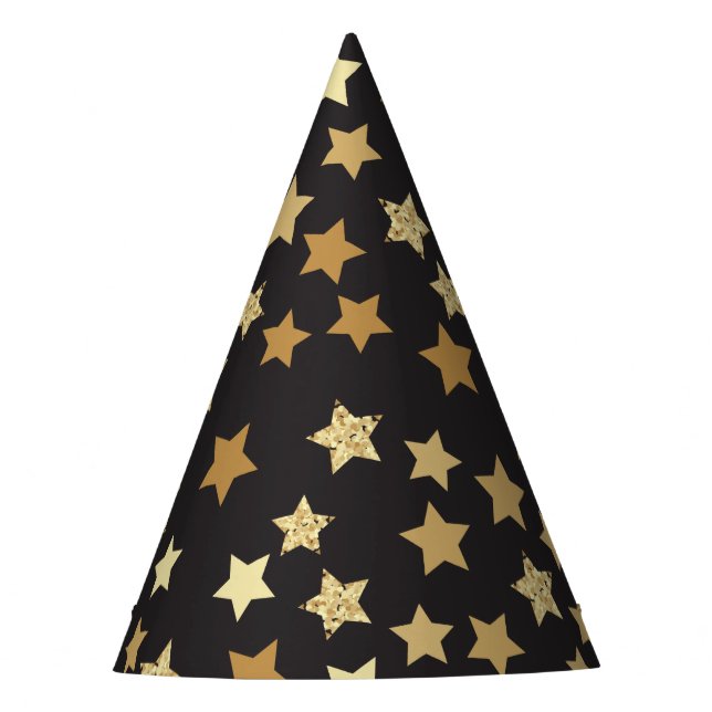 Golden Stars on Black Background Pattern Yan-01.pn Party Hat (Front)