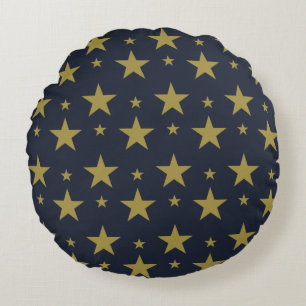 Golden Stars on Navy Blue – Elegant and Timeless Round Pillow