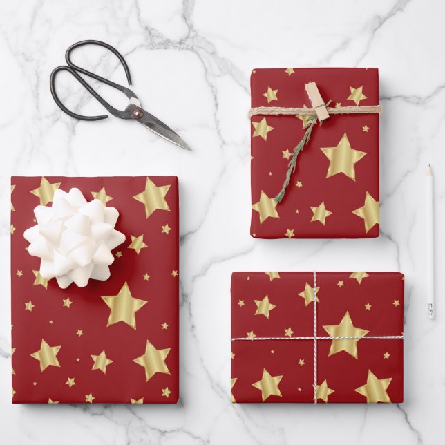 Golden Stars on Red Background Wrapping Paper Sheet (Front)