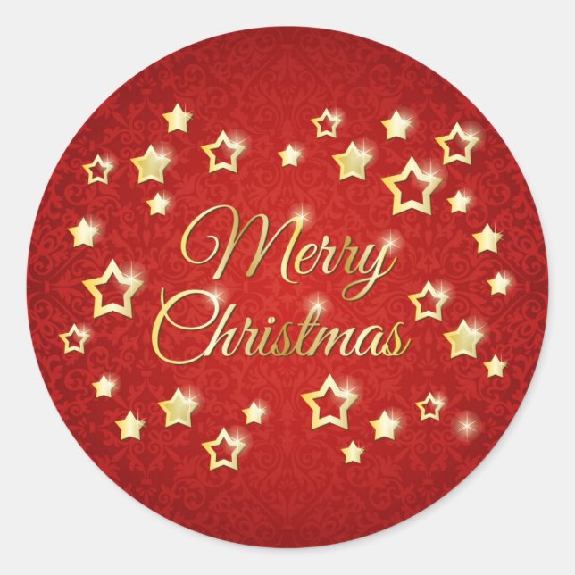Golden stars on red damask Merry Christmas Classic Round Sticker (Front)