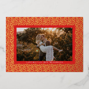 Golden Stars Red Boho Photo Gold Foil Holiday Card