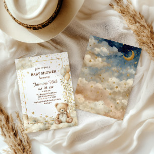 Golden Stars Teddy Bear Baby Shower Invitation