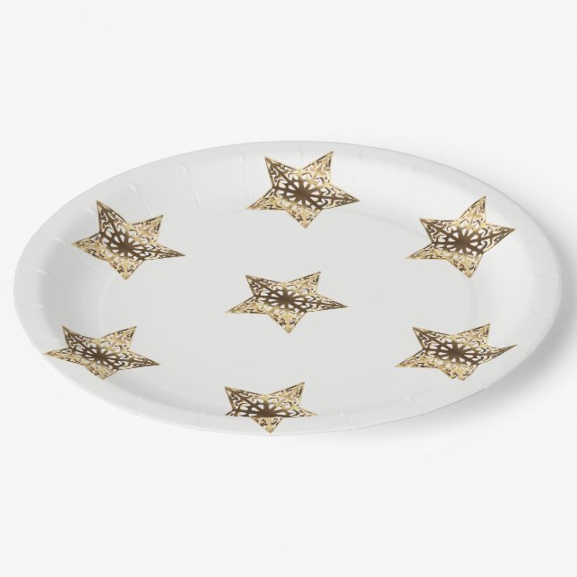 Golden Stars White and Gold Festive Elegant Paper Plate (Angled)