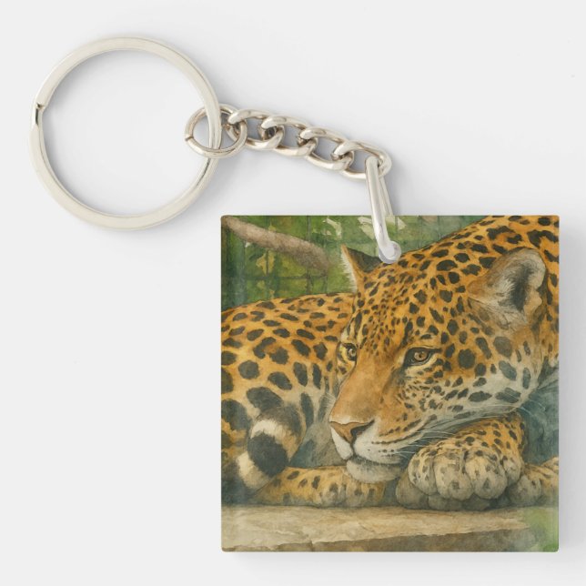 Golden Stillness – Resting Leopard in Foliage Keychain (Front)