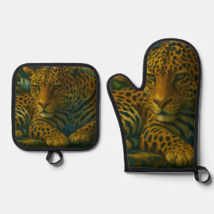 Golden Stillness – Resting Leopard in Foliage Oven Mitt & Pot Holder Set
