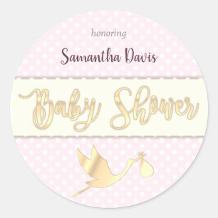 Golden Stork Baby Girl Baby Shower Classic Round Sticker