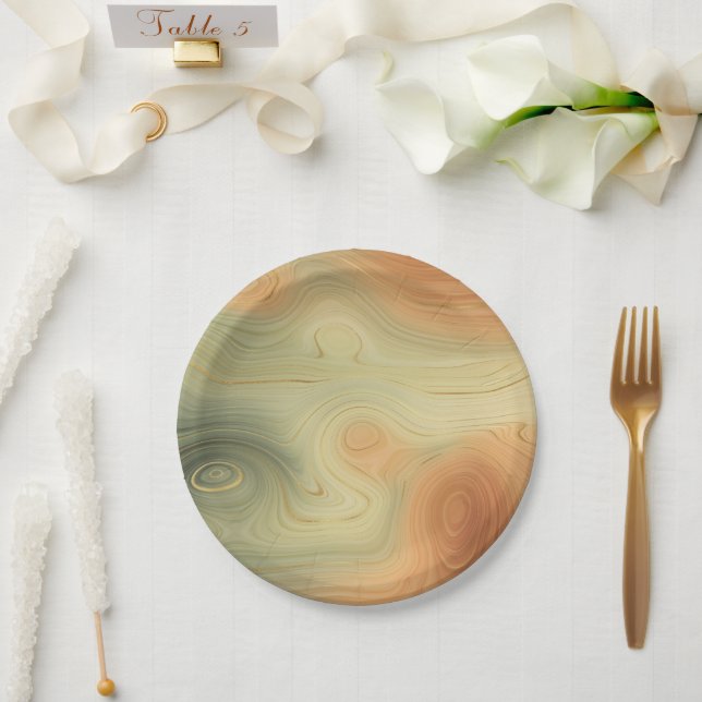 Golden Strata | Peach Burnt Orange Green Agate Paper Plate (Wedding)