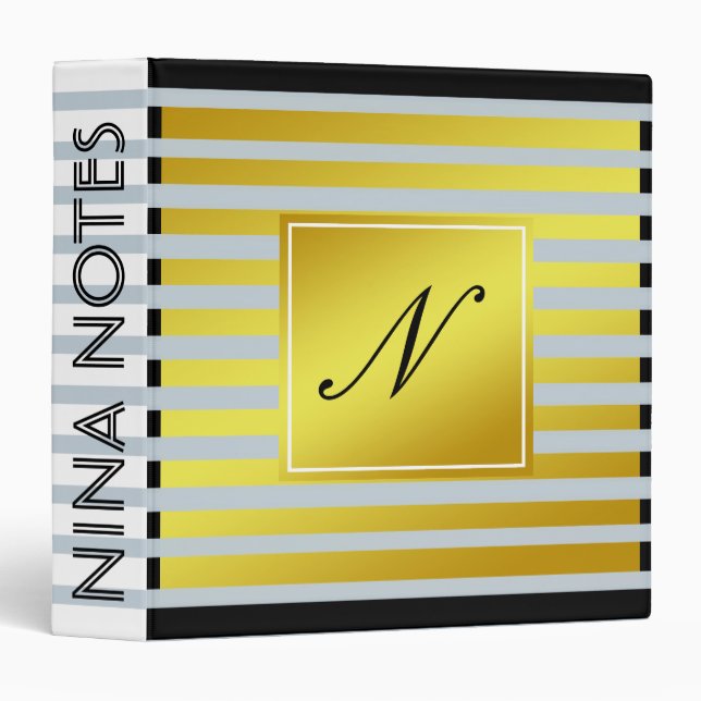 Golden Striped Clean Monogram Black Personalized Binder (Front/Spine)
