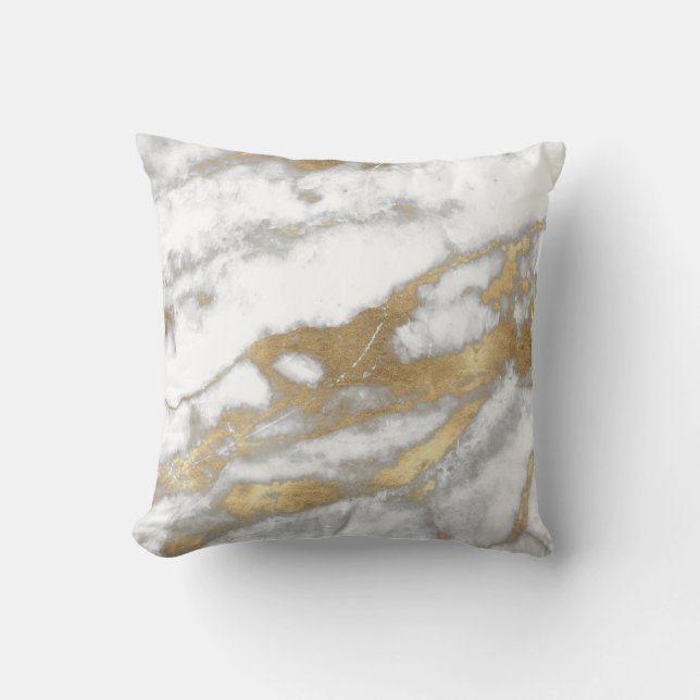 Golden Strokes Metallic Glitter Marble Grey Stone Throw Pillow (Front)