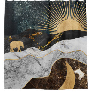 Golden Sun and Moon with Elephant in Marble Cosmic