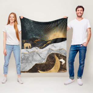 Golden Sun and Moon with Elephant in Marble Cosmic Fleece Blanket