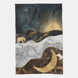 Golden Sun and Moon with Elephant in Marble Cosmic Kitchen Towel