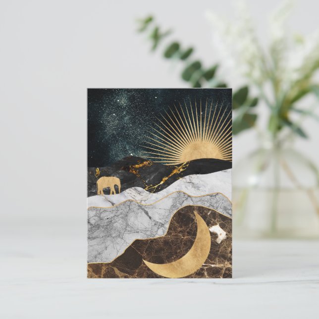 Golden Sun and Moon with Elephant in Marble Cosmic Postcard (Standing Front)