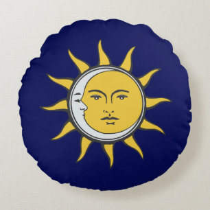 Golden Sun and Silver Moon on Navy Blue Round Pillow