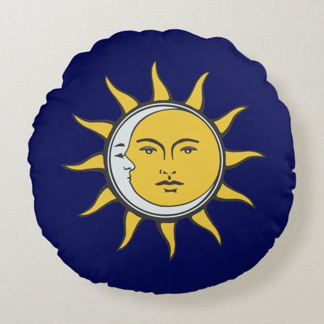 Golden Sun and Silver Moon on Navy Blue Round Pillow (Front)