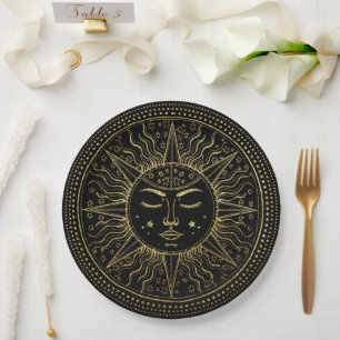 Golden Sun   Elegant Gold Face with Eyes Closed Paper Plate