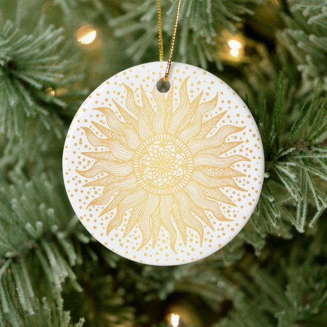 Golden Sun Mandala Confetti Ceramic Ornament (Tree)