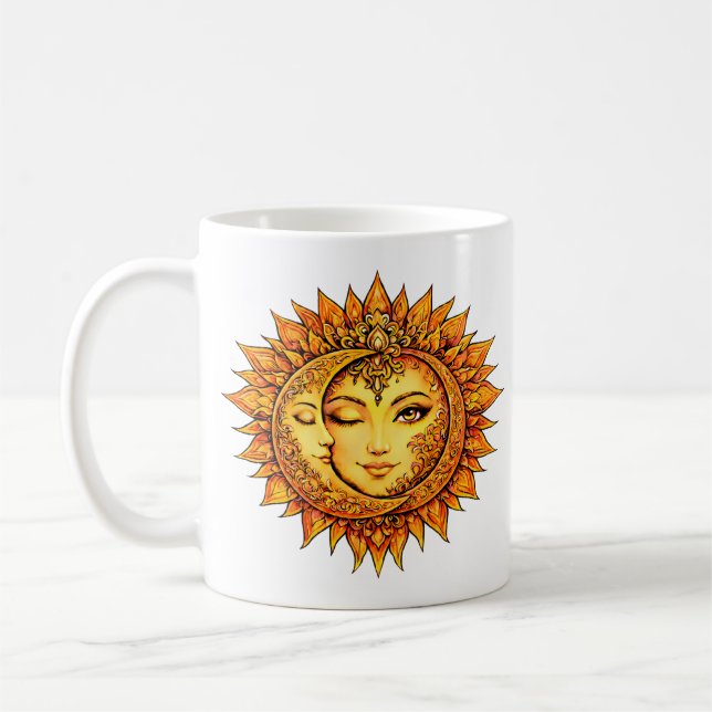 Golden Sun Moon Boho Goddess | Celestial Mandala Coffee Mug (Left)