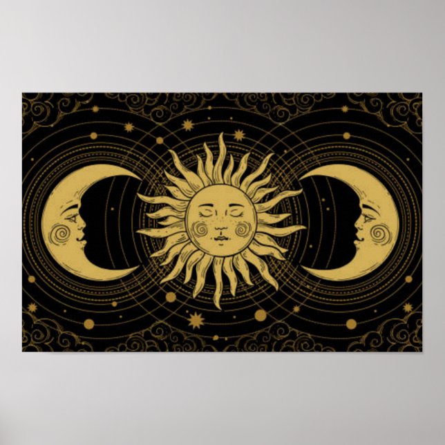 Golden Sun-Moon on Midnight Black Celestial Poster (Front)