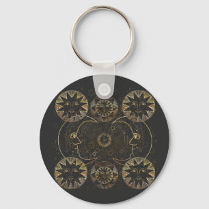 Golden Sun Moon Stars Celestial Astronomy art Keychain