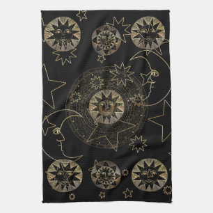 Golden Sun Moon Stars Celestial Astronomy art Kitchen Towel