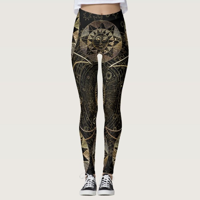 Golden Sun Moon Stars Celestial Astronomy art Leggings (Front)