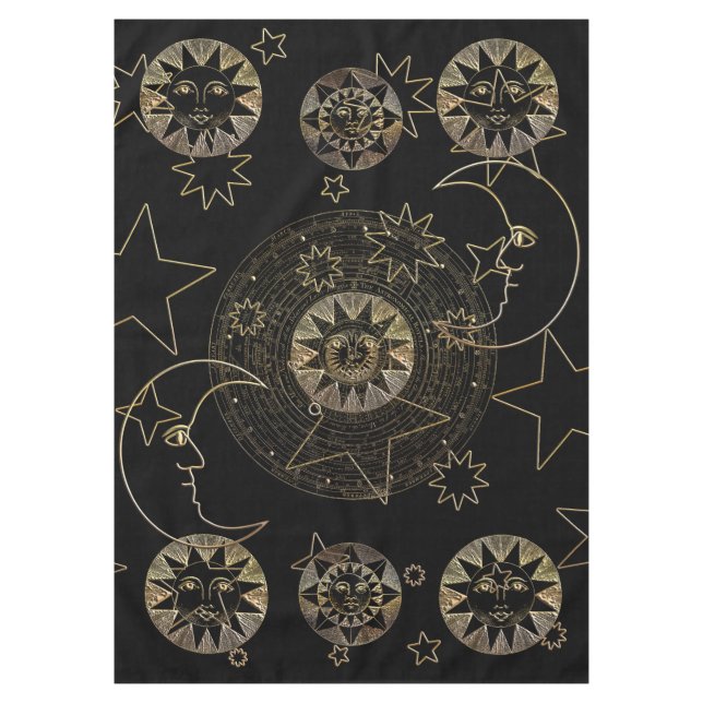 Golden Sun Moon Stars Celestial Astronomy art Tablecloth (Front)