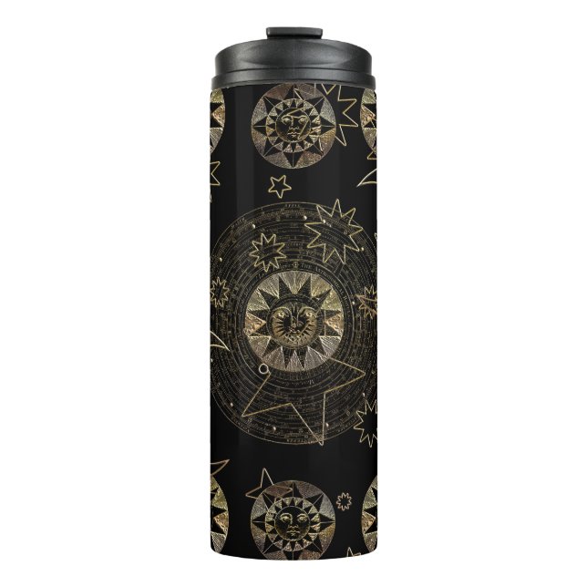 Golden Sun Moon Stars Celestial Astronomy art Thermal Tumbler (Front)