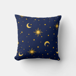 Golden Sun, Moon & Stars Celestial Seamless Patter Throw Pillow