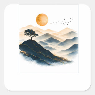 Golden Sun Mountains Landscape Square Sticker