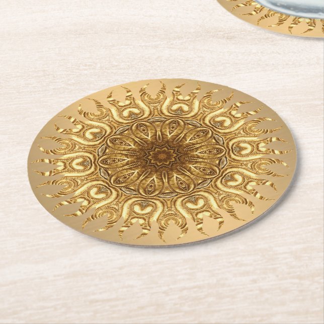 Golden Sun Round Paper Coaster (Angled)