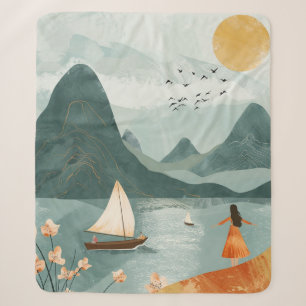 Golden Sun Teal Lake Romantic Mountain Escape Sherpa Blanket