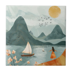 Golden Sun Teal Lake Romantic Mountain Escape Tile
