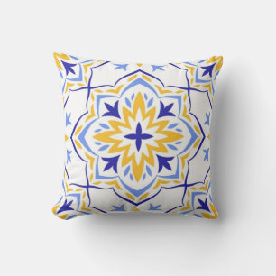 Golden Sunburst Elegant Blue and Gold Floral Throw Pillow