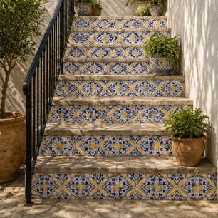 Golden Sunburst Elegant Blue and Gold Floral Tile