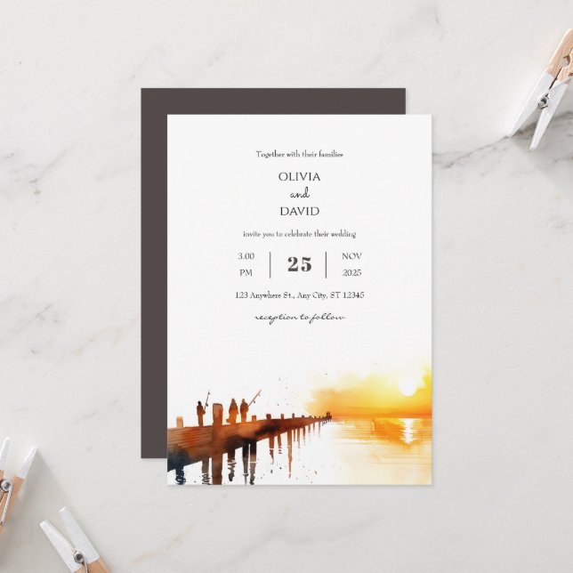 Golden Sundown Sky Pier Fishing Art Beach Wedding  Invitation (Front/Back In Situ)