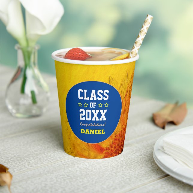 Golden Sunflower & Blue Graduating Class Year Paper Cups (Insitu)