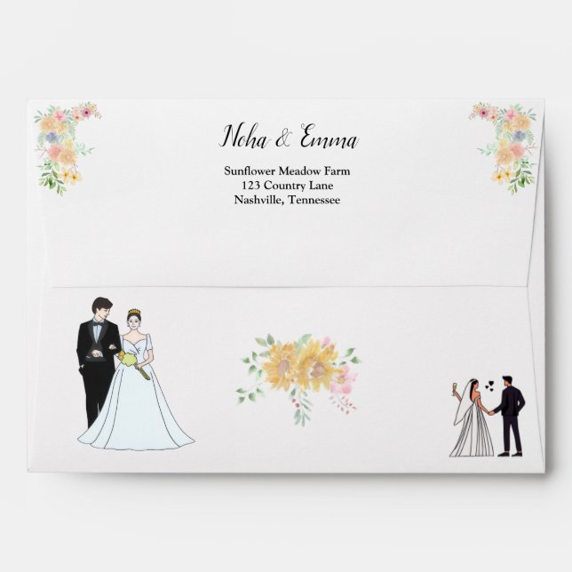 Golden Sunflower butterfly Meadow Wedding Envelope (Back (Top Flap))