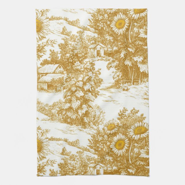 Golden Sunflower Cottage Toile Countryside Pattern Kitchen Towel (Vertical)