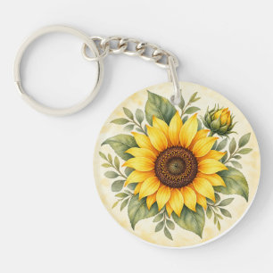 Golden Sunflower Garden Watercolor Keychain