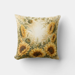 Golden Sunflower Garden Watercolor Throw Pillow