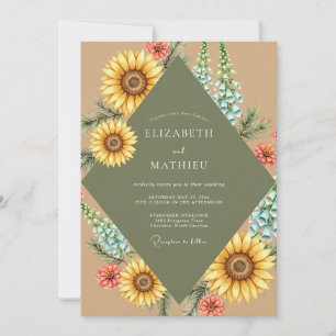 Golden Sunflower Olive Eucalyptus Wedding Invitation