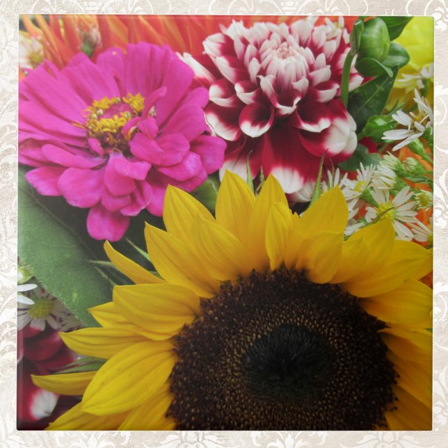 Golden Sunflower Pink Dahlia and Purple Zinnia Tile (Creator Uploaded)