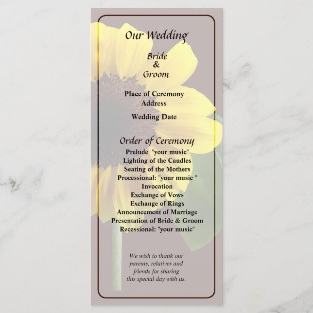 Golden Sunflower Wedding Program (Front)