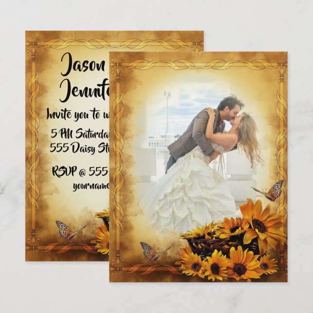 Golden Sunflowers and Butterflies Wedding Invitation (Front/Back)