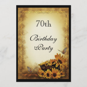 Golden Sunflowers & butterflies 70th Birthday Invitation