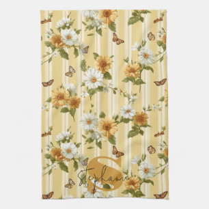 Golden Sunflowers & Butterflies Garden Stripe Kitchen Towel